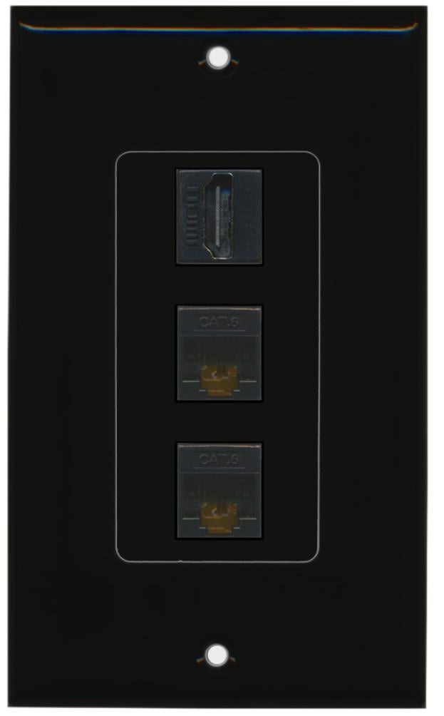 RiteAV Piastra A Parete Decorativa 1 Porta HDMI + 2 Porte Cat6 Ethernet - Colore Nero - 5