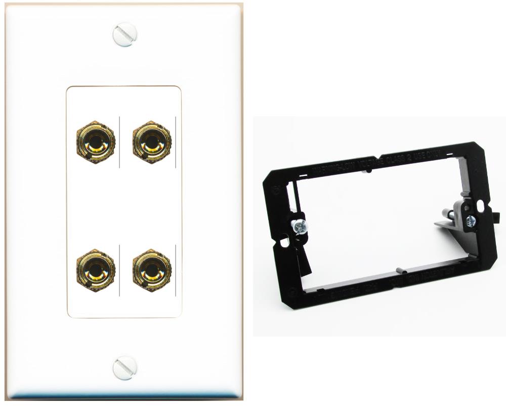 thumbnail interactive-video image 1 of RiteAV 4 Banana / 2 Speaker Surround Female Coupler Wall Plate - 2 Outlet, Black, Swappable Jacks 1 of 6
