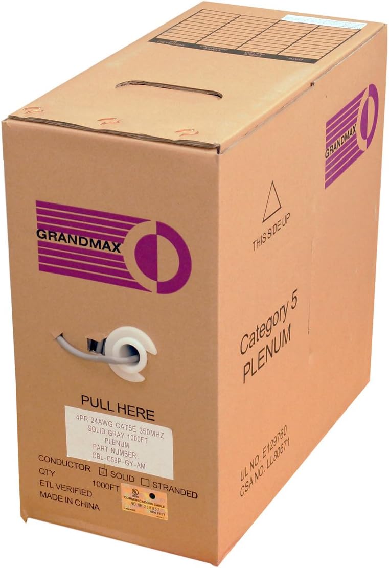 GRANDMAX CAT5e 350MHz Plenum Solid Ethernet PVC Bulk Cable, 1000ft, Wire UTP Pull Box, CMP Rated, 100% Copper, 4 Pair, 24 AWG/ 1000FT/ Black