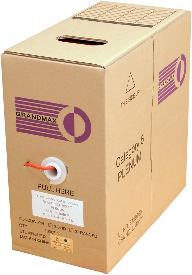 GRANDMAX CAT5e 350MHz Plenum Solid Ethernet PVC Bulk Cable, 1000ft, Wire UTP Pull Box, CMP Rated, 100% Copper, 4 Pair, 24 AWG/ 1000FT/ Black