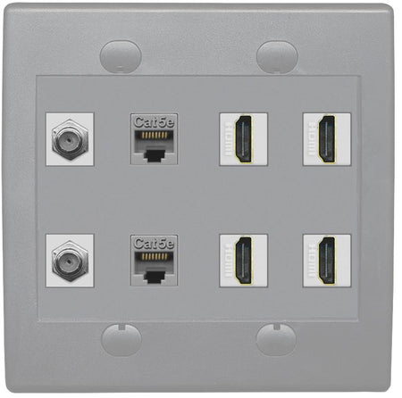 RiteAV 2 Port Coax Cable TV F-Type 2 Cat5e Ethernet 4 HD Wall Plate - Flat 2 Gang [Gray/Gray]