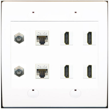 RiteAV 2 Port Coax Cable TV F-Type 2 Cat5e Ethernet 4 HD Wall Plate - Flat 2 Gang [White]