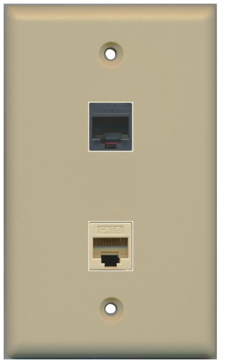 RiteAV - 1 RJ11 RJ12 Black Phone Port and 1 Cat6 Ethernet Port Wall Plate - Ivory - Bracket Included