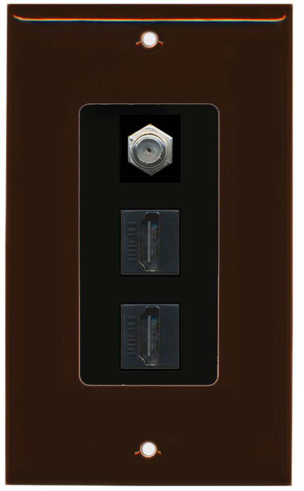 RiteAV - 2 Port HDMI 1 Coax Cable TV- F-Type Decorative Wall Plate - Brown & Black