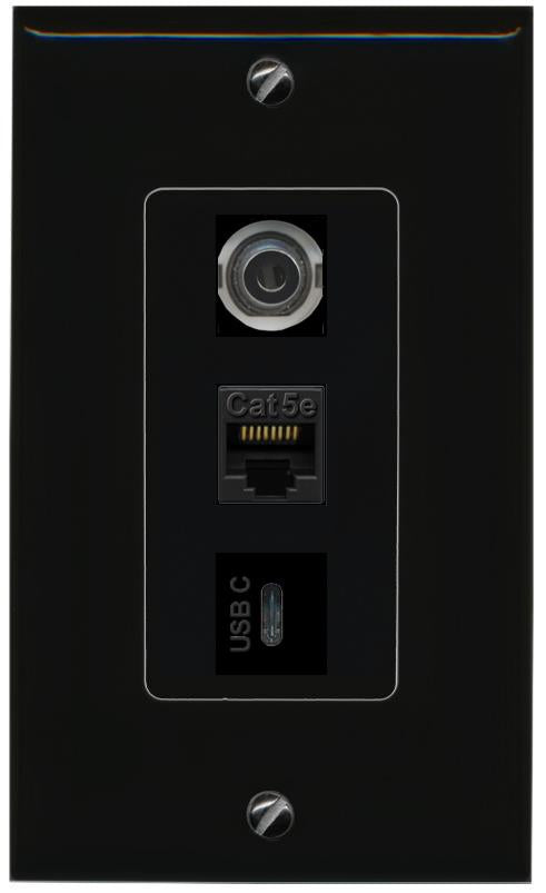 3.5mm CAT5E-WHITE USBC Wall Plate [Black]