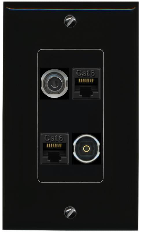 RiteAV 3.5mm 2 CAT6 TOSLINK Wall Plate Decorative [Black]