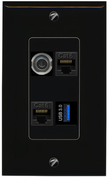 RiteAV 3.5mm 2 CAT6 USB-3 Wall Plate Decorative [Black]
