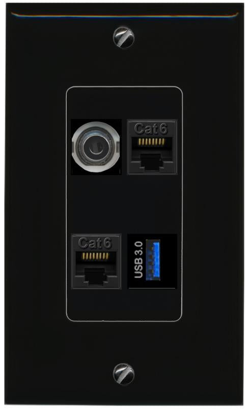 RiteAV 3.5mm 2 CAT6 USB-3 Wall Plate Decorative [Black]