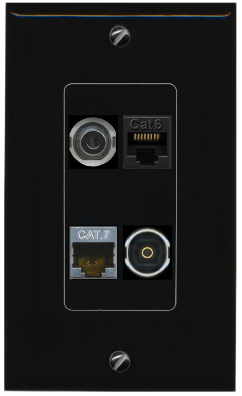 RiteAV 3.5mm CAT6 CAT7 TOSLINK Wall Plate Decorative [Black]