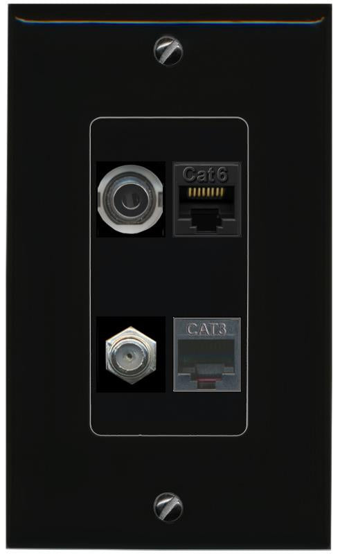 RiteAV 3.5mm CAT6 COAX PHONE Wall Plate Decorative [Black]