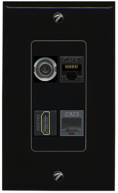 RiteAV 3.5mm CAT6 HDMI PHONE Wall Plate Decorative [Black]