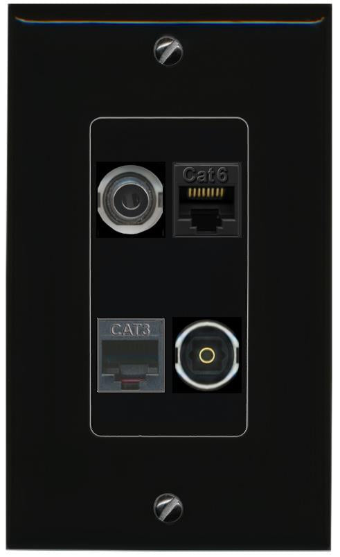 RiteAV 3.5mm CAT6 PHONE TOSLINK Wall Plate Decorative [Black]