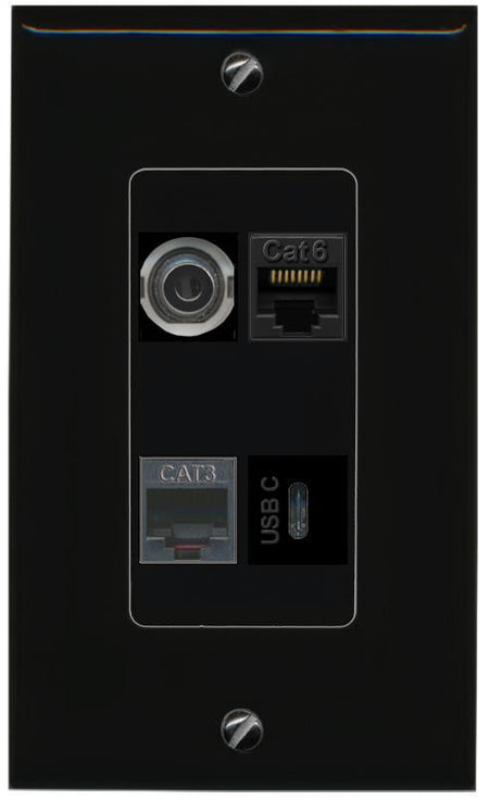 RiteAV 3.5mm CAT6 PHONE USBC Wall Plate Decorative [Black]