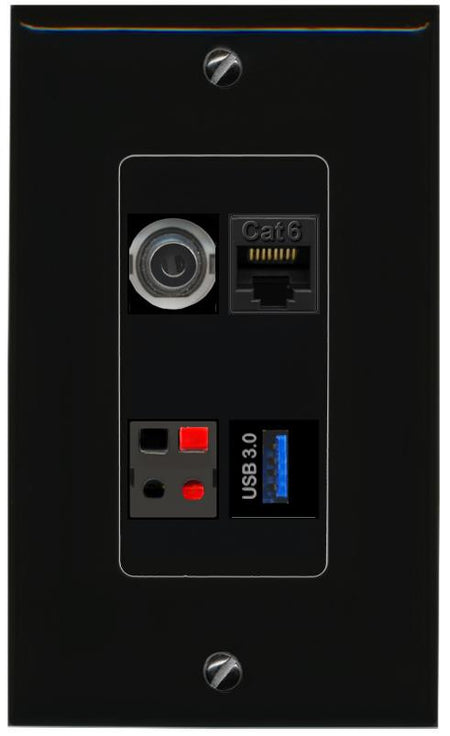 RiteAV 3.5mm CAT6 SPEAKER USB-3 Wall Plate Decorative [Black]
