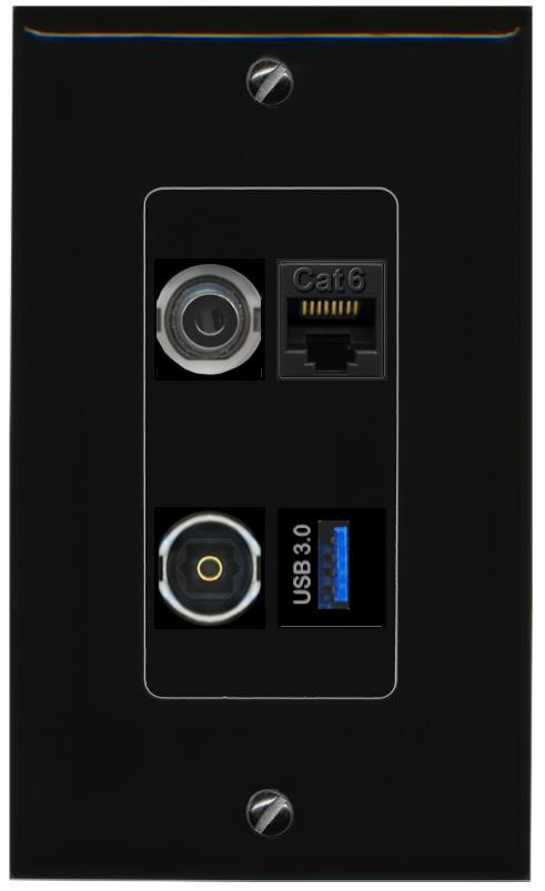 RiteAV 3.5mm CAT6 TOSLINK USB-3 Wall Plate Decorative [Black]