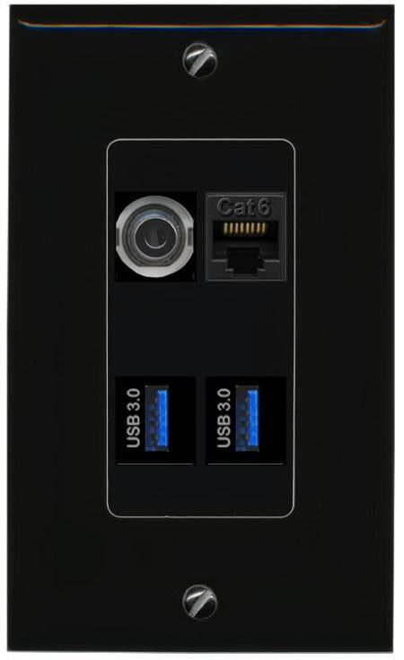 RiteAV 3.5mm CAT6 2 USB-3 Wall Plate Decorative [Black]