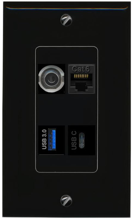 RiteAV 3.5mm CAT6 USB-3 USBC Wall Plate Decorative [Black]