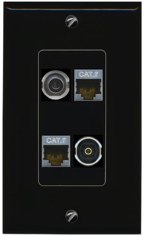 RiteAV 3.5mm 2 CAT7 TOSLINK Wall Plate Decorative [Black]