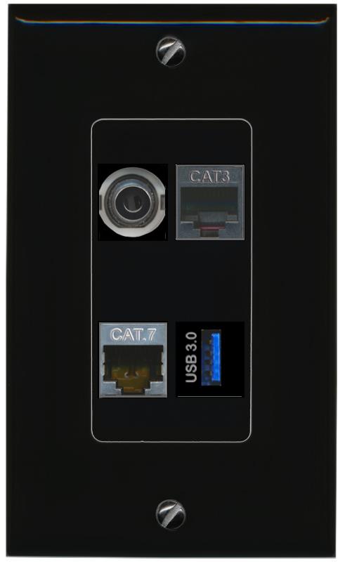 RiteAV 3.5mm CAT7 PHONE USB-3 Wall Plate Decorative [Black]