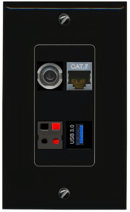 RiteAV 3.5mm CAT7 SPEAKER USB-3 Wall Plate Decorative [Black]