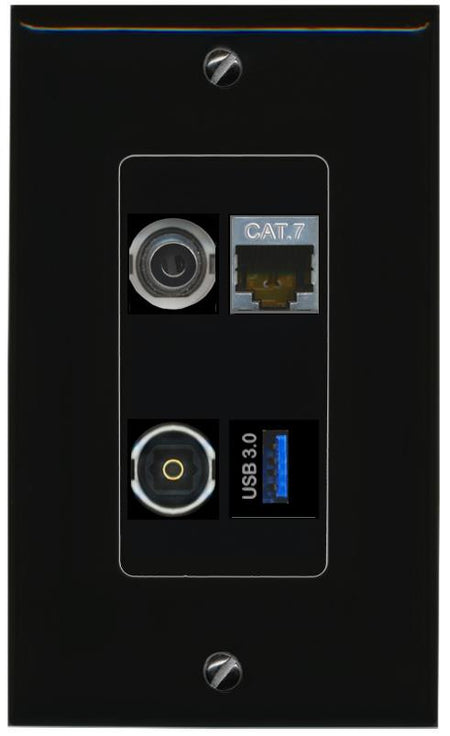 RiteAV 3.5mm CAT7 TOSLINK USB-3 Wall Plate Decorative [Black]