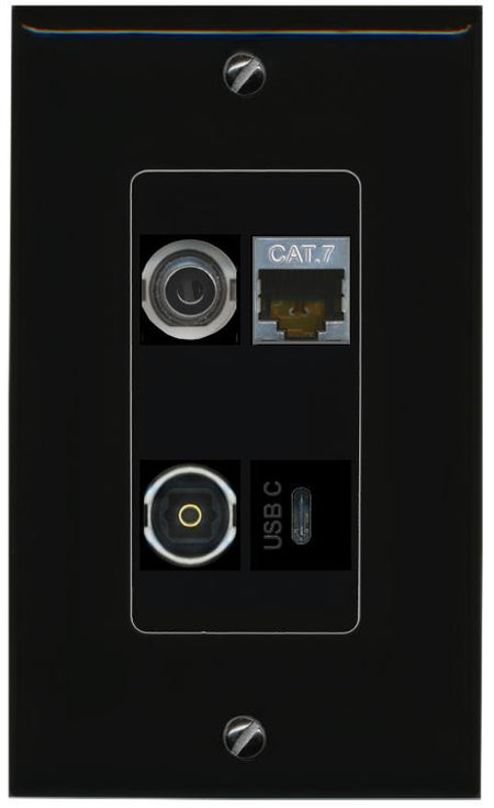 RiteAV 3.5mm CAT7 TOSLINK USBC Wall Plate Decorative [Black]