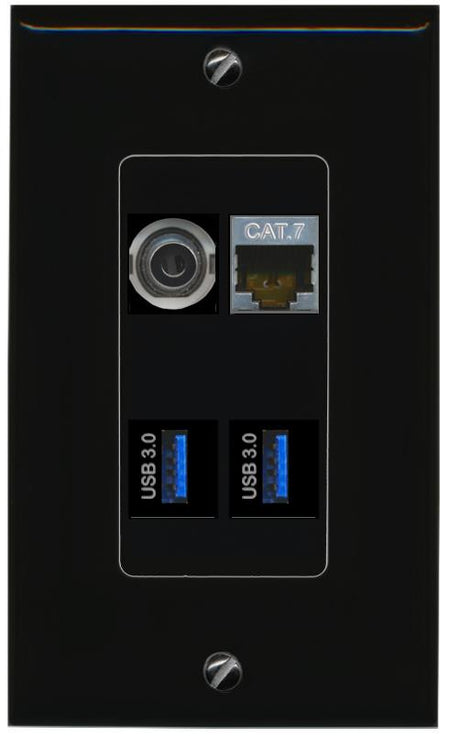RiteAV 3.5mm CAT7 2 USB-3 Wall Plate Decorative [Black]