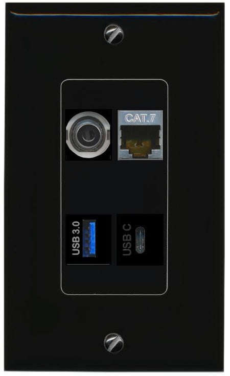 RiteAV 3.5mm CAT7 USB-3 USBC Wall Plate Decorative [Black]