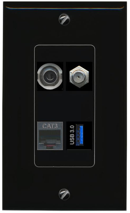 RiteAV 3.5mm COAX PHONE USB-3 Wall Plate Decorative [Black]