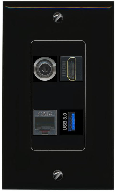 RiteAV 3.5mm HDMI PHONE USB-3 Wall Plate Decorative [Black]