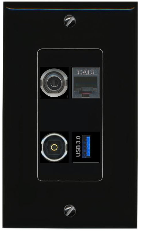 RiteAV 3.5mm PHONE TOSLINK USB-3 Wall Plate Decorative [Black]