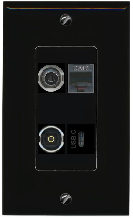 RiteAV 3.5mm PHONE TOSLINK USBC Wall Plate Decorative [Black]