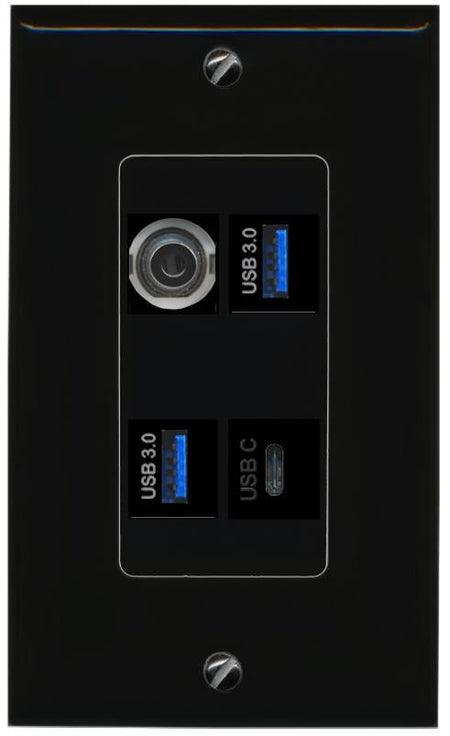 RiteAV 3.5mm 2 USB-3 USBC Wall Plate Decorative [Black]
