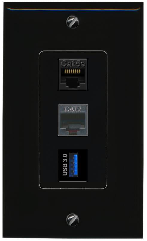 CAT5E-WHITE PHONE USB-3 Wall Plate [Black]