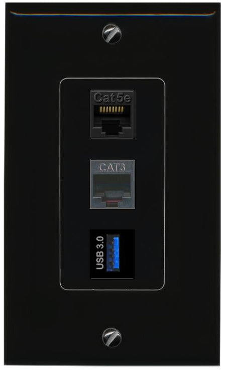 CAT5E-WHITE PHONE USB-3 Wall Plate [Black]