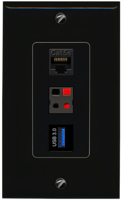 CAT5E-WHITE SPEAKER USB-3 Wall Plate [Black]