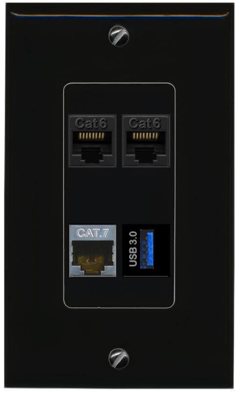RiteAV 2 CAT6 CAT7 USB-3 Wall Plate Decorative [Black]