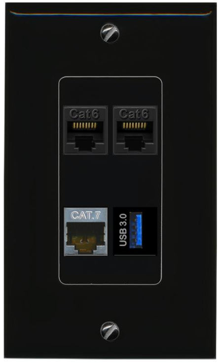 RiteAV 2 CAT6 CAT7 USB-3 Wall Plate Decorative [Black]
