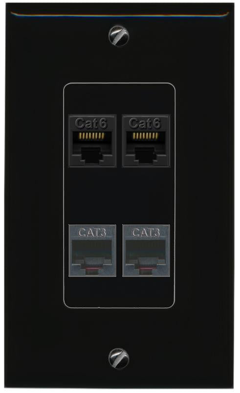 RiteAV 2 CAT6 2 PHONE Wall Plate Decorative [Black]