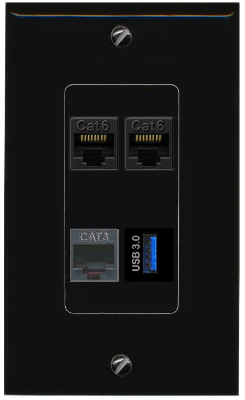 RiteAV 2 CAT6 PHONE USB-3 Wall Plate Decorative [Black]