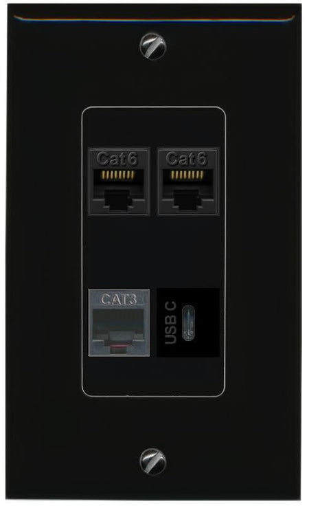 RiteAV 2 CAT6 PHONE USBC Wall Plate Decorative [Black]