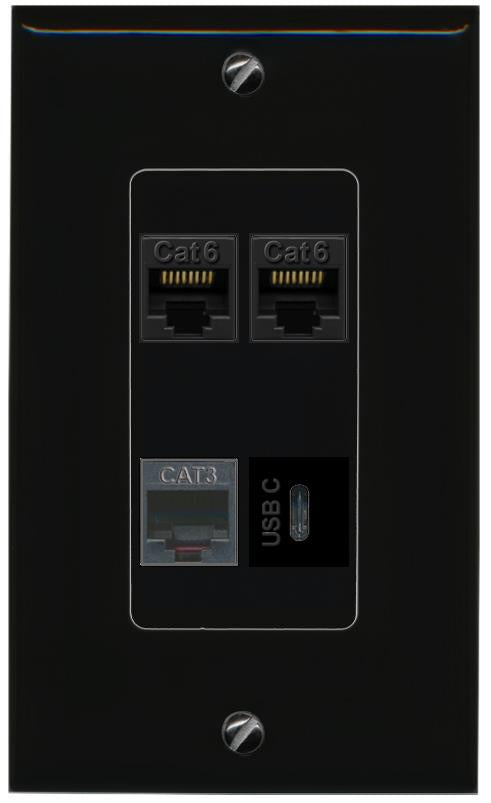 RiteAV 2 CAT6 PHONE USBC Wall Plate Decorative [Black]