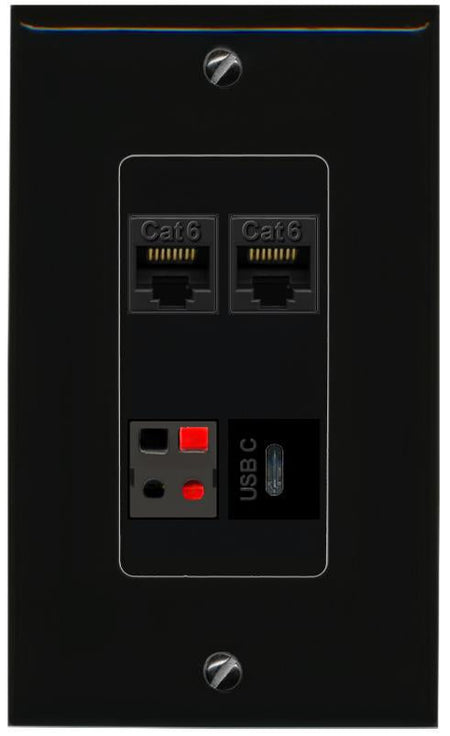 RiteAV 2 CAT6 SPEAKER USBC Wall Plate Decorative [Black]