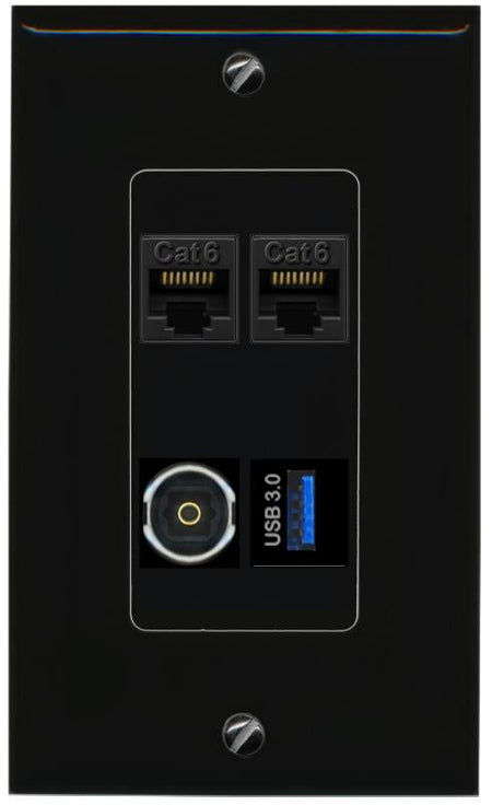 RiteAV 2 CAT6 TOSLINK USB-3 Wall Plate Decorative [Black]