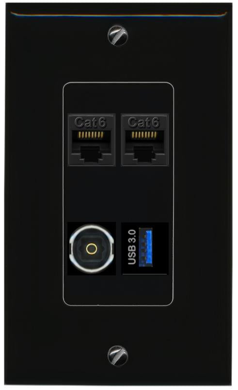 RiteAV 2 CAT6 TOSLINK USB-3 Wall Plate Decorative [Black]