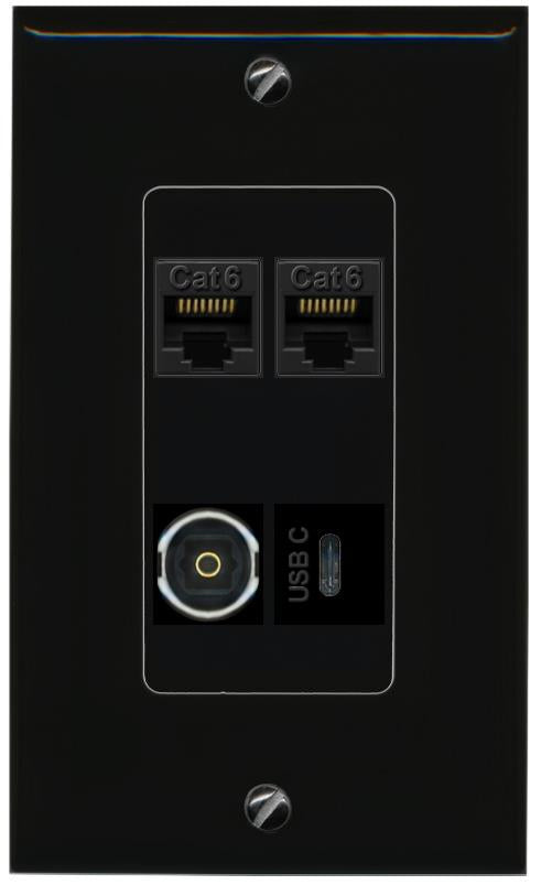 RiteAV 2 CAT6 TOSLINK USBC Wall Plate Decorative [Black]