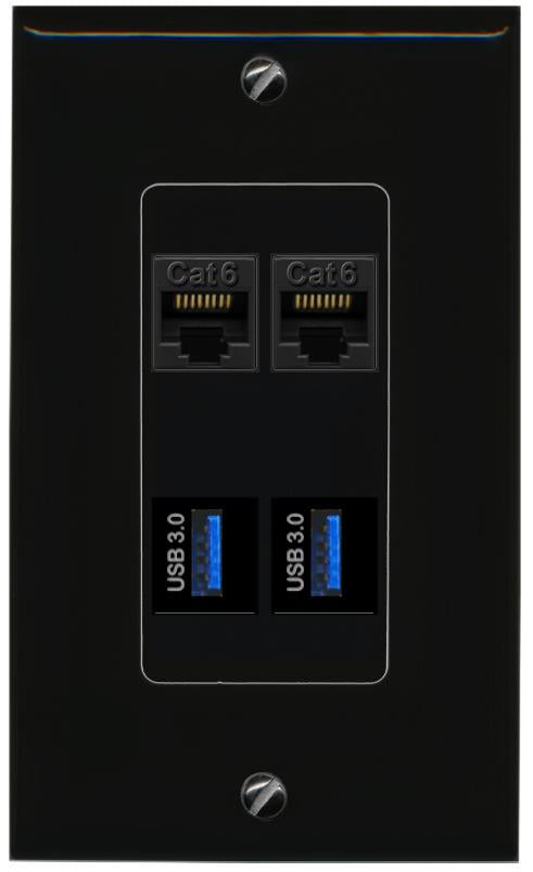 RiteAV 2 CAT6 2 USB-3 Wall Plate Decorative [Black]