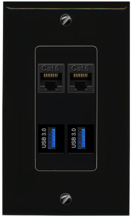 RiteAV 2 CAT6 2 USB-3 Wall Plate Decorative [Black]