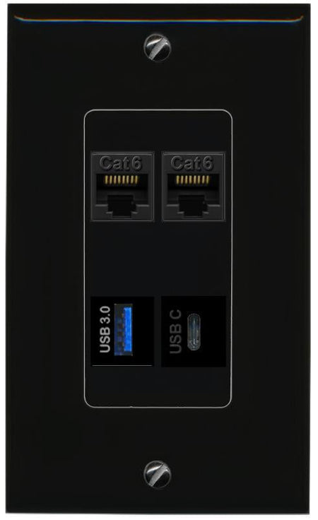 RiteAV 2 CAT6 USB-3 USBC Wall Plate Decorative [Black]