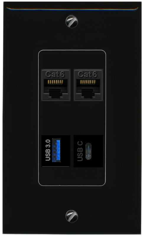 RiteAV 2 CAT6 USB-3 USBC Wall Plate Decorative [Black]